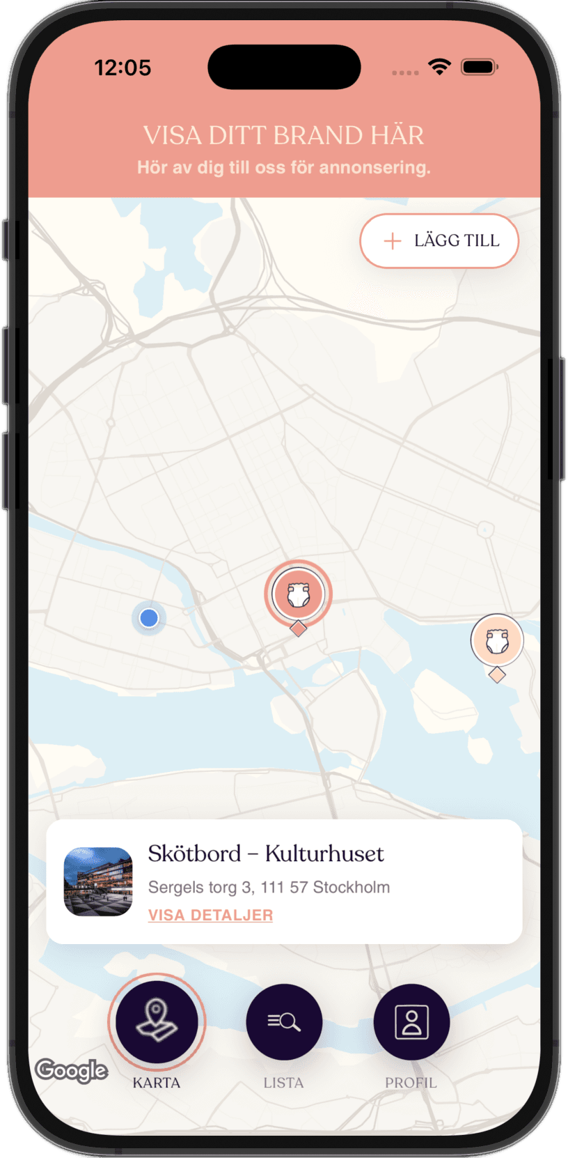 Balou app showing a map of changing tables and family-friendly places near the user